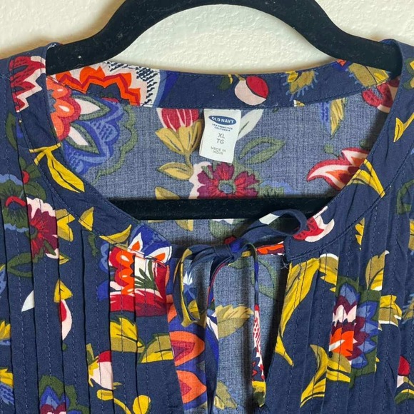 Old Navy Womens XL Navy Blue Floral Long Sleeve Boho Pleated Tunic Blouse - Picture 3 of 8